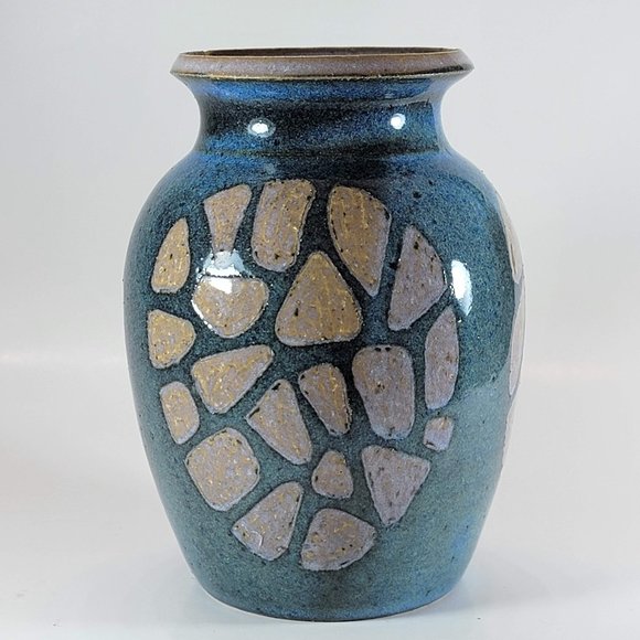 Handmade Vase Stoneware Pottery Turtle Shell Design Blue Glaze Signed - Picture 1 of 6